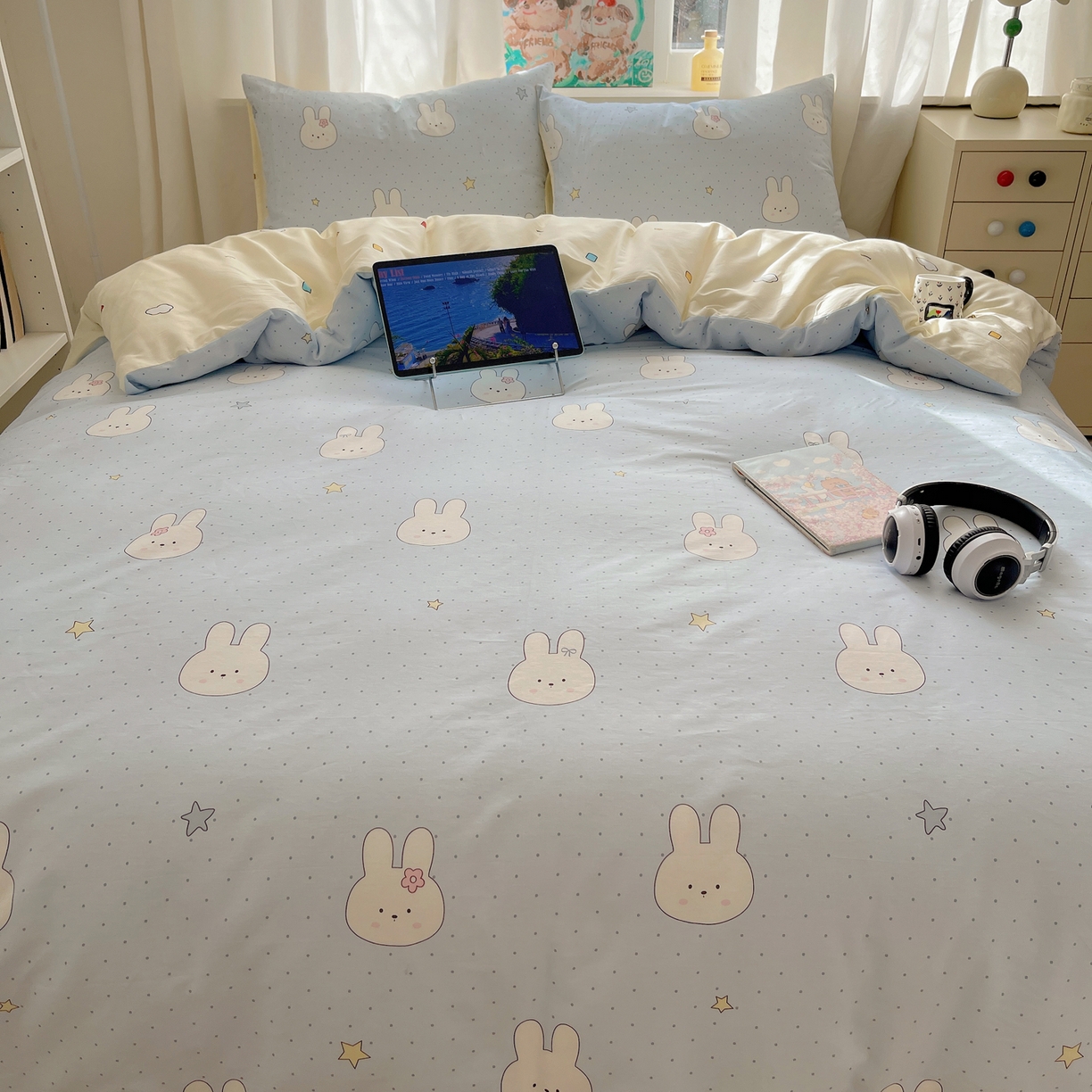 91家纺网 家纺一手货源 找家纺 六巷胡同 2026新款40支全棉13070INS卡通单品被套 蓝调波点兔