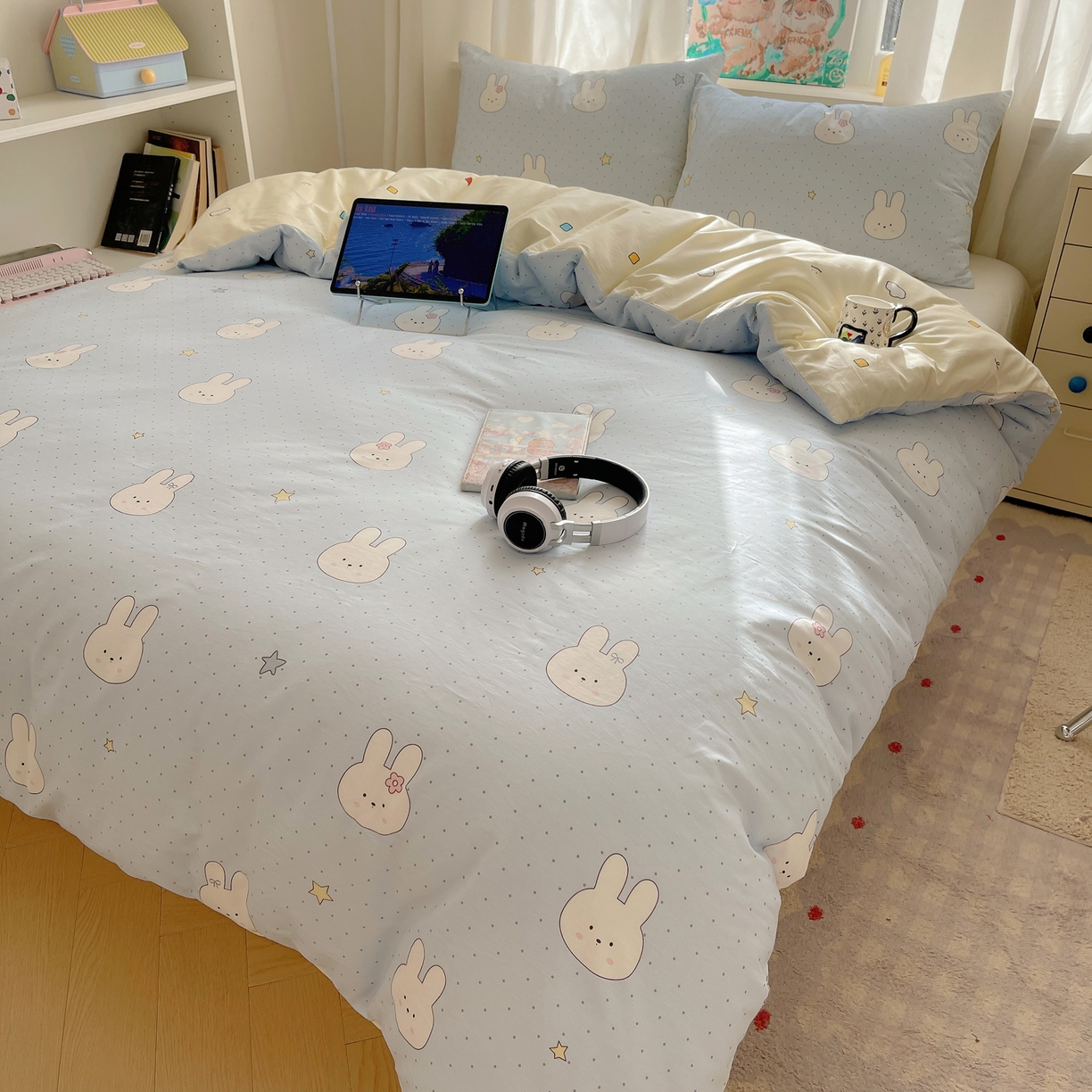 91家纺网 家纺一手货源 找家纺 六巷胡同 2026新款40支全棉13070INS卡通单品被套 蓝调波点兔