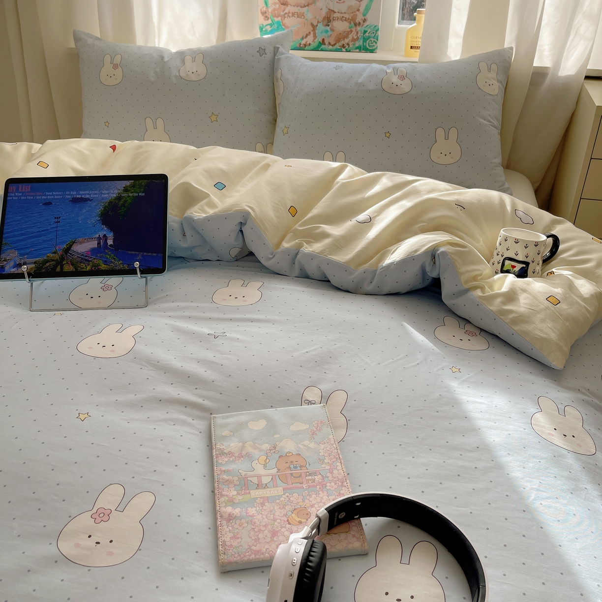 91家纺网 家纺一手货源 找家纺 六巷胡同 2026新款40支全棉13070INS卡通单品被套 蓝调波点兔