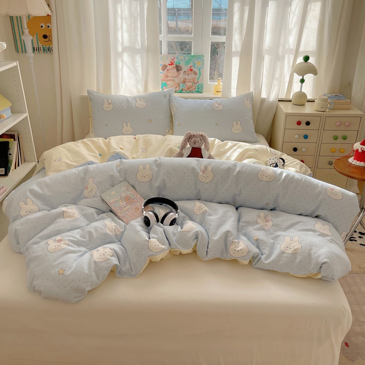 91家纺网 家纺一手货源 找家纺 六巷胡同 2026新款40支全棉13070INS卡通单品被套 蓝调波点兔