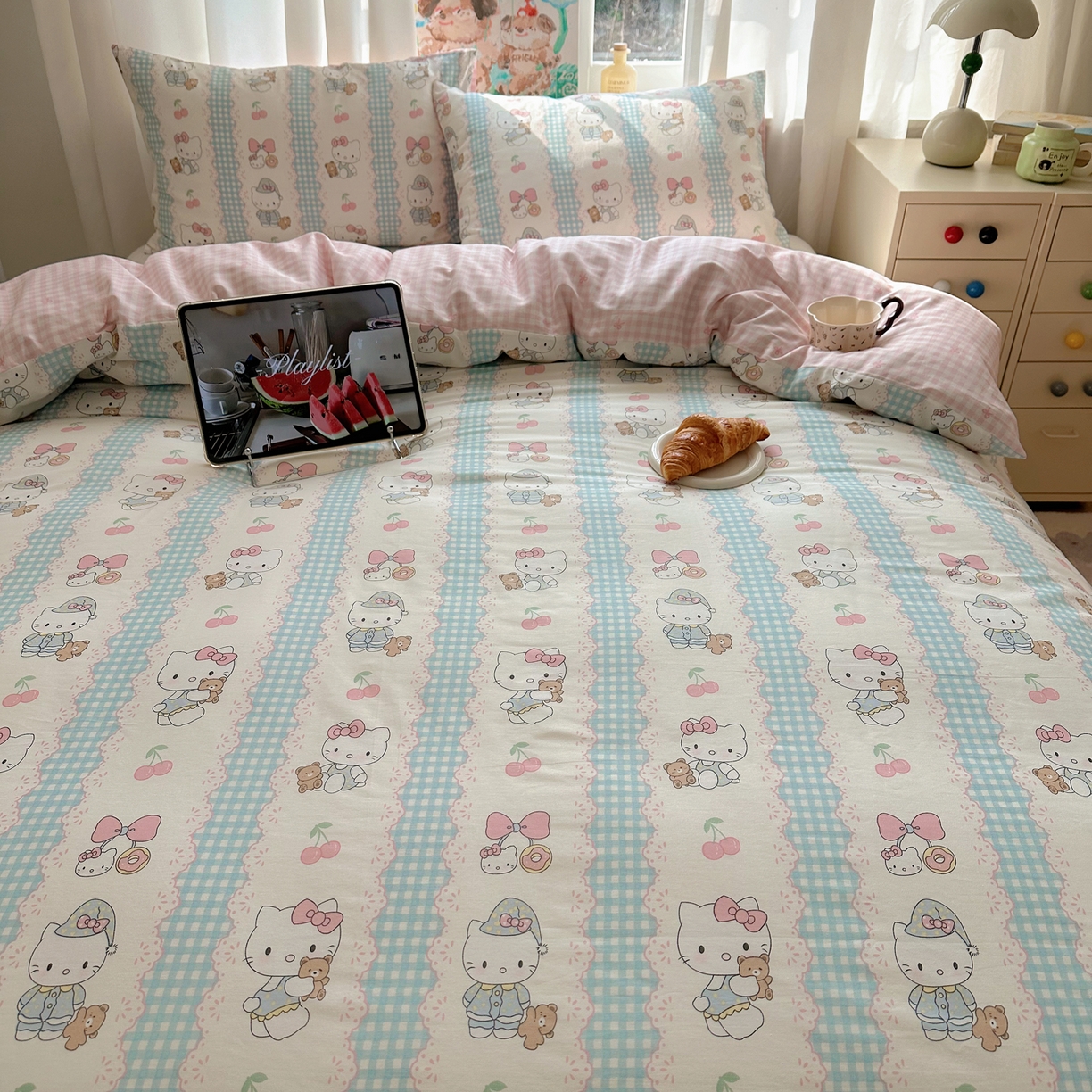 91家纺网 家纺一手货源 找家纺 六巷胡同 2026新款40支全棉13070INS卡通单品被套 萝莉樱桃猫