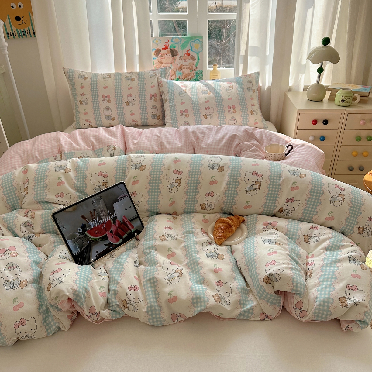 91家纺网 家纺一手货源 找家纺 六巷胡同 2026新款40支全棉13070INS卡通单品被套 萝莉樱桃猫