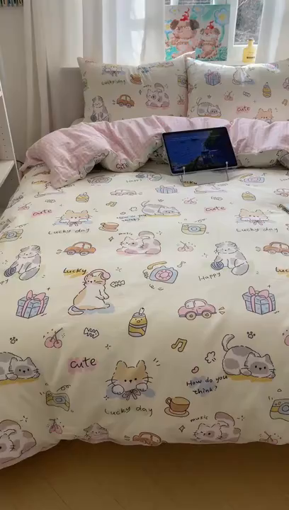 91家纺网 家纺一手货源 找家纺 六巷胡同 2026新款40支全棉13070INS卡通单品被套 猫咪聚会趴