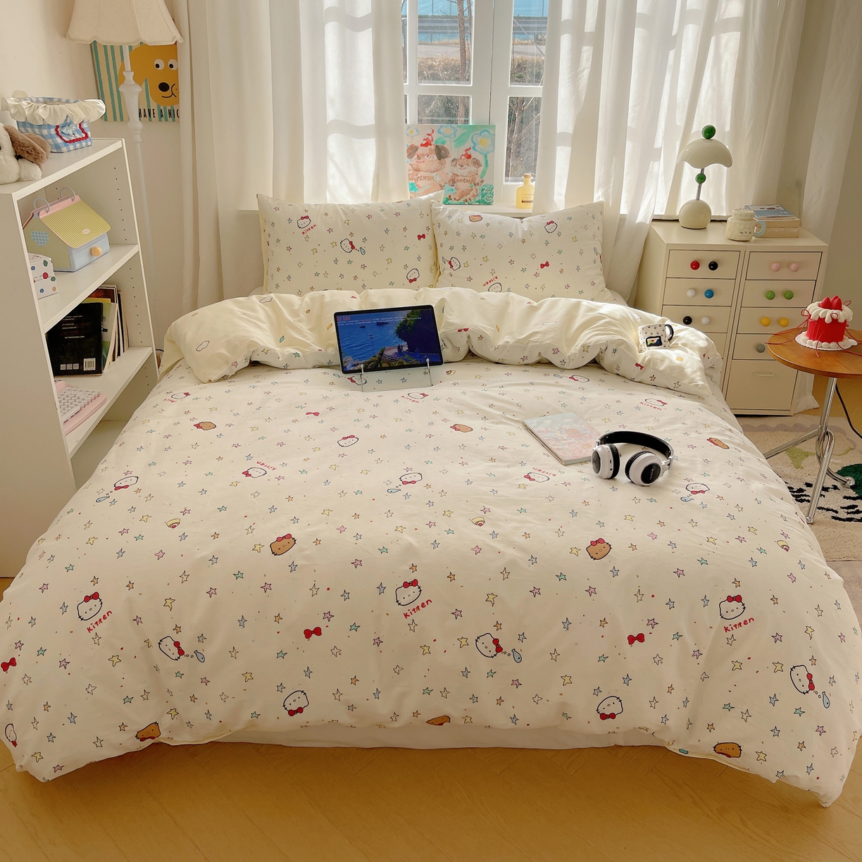 91家纺网 家纺一手货源 找家纺 六巷胡同 2026新款40支全棉13070INS卡通单品被套 星星萝莉猫