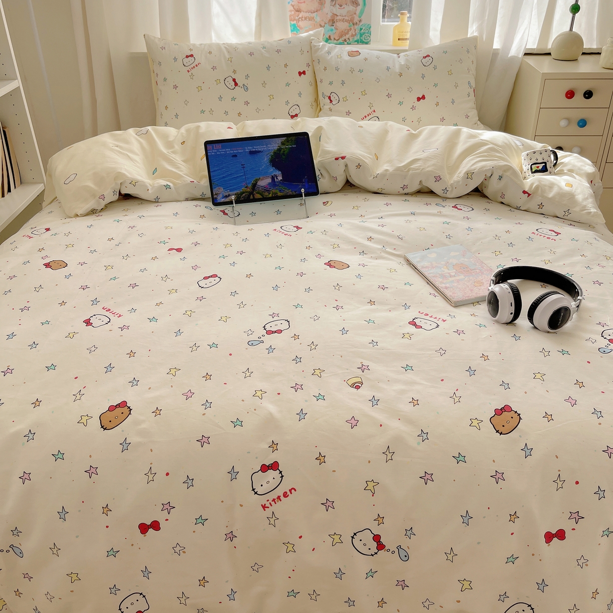 91家纺网 家纺一手货源 找家纺 六巷胡同 2026新款40支全棉13070INS卡通单品被套 星星萝莉猫