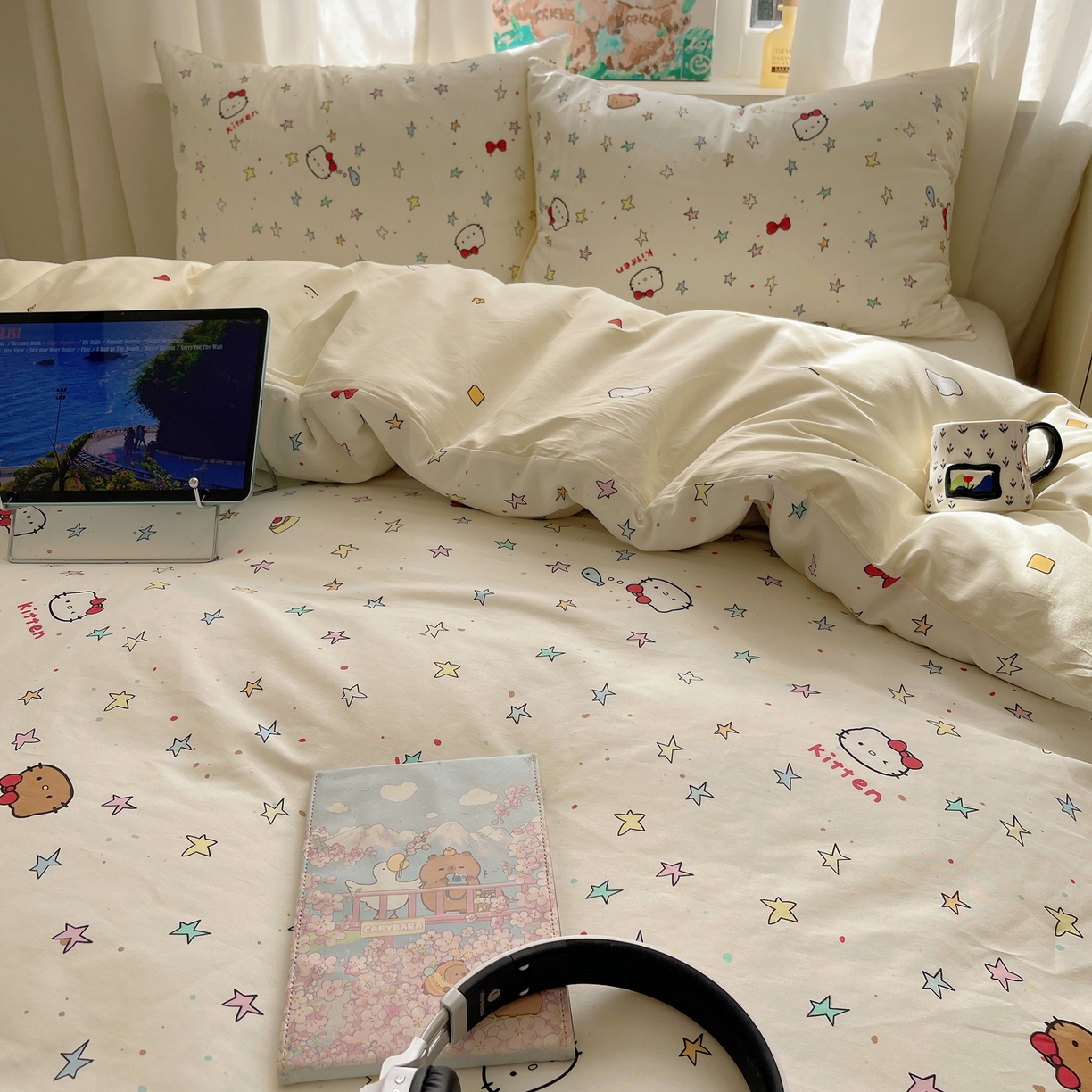 91家纺网 家纺一手货源 找家纺 六巷胡同 2026新款40支全棉13070INS卡通单品被套 星星萝莉猫