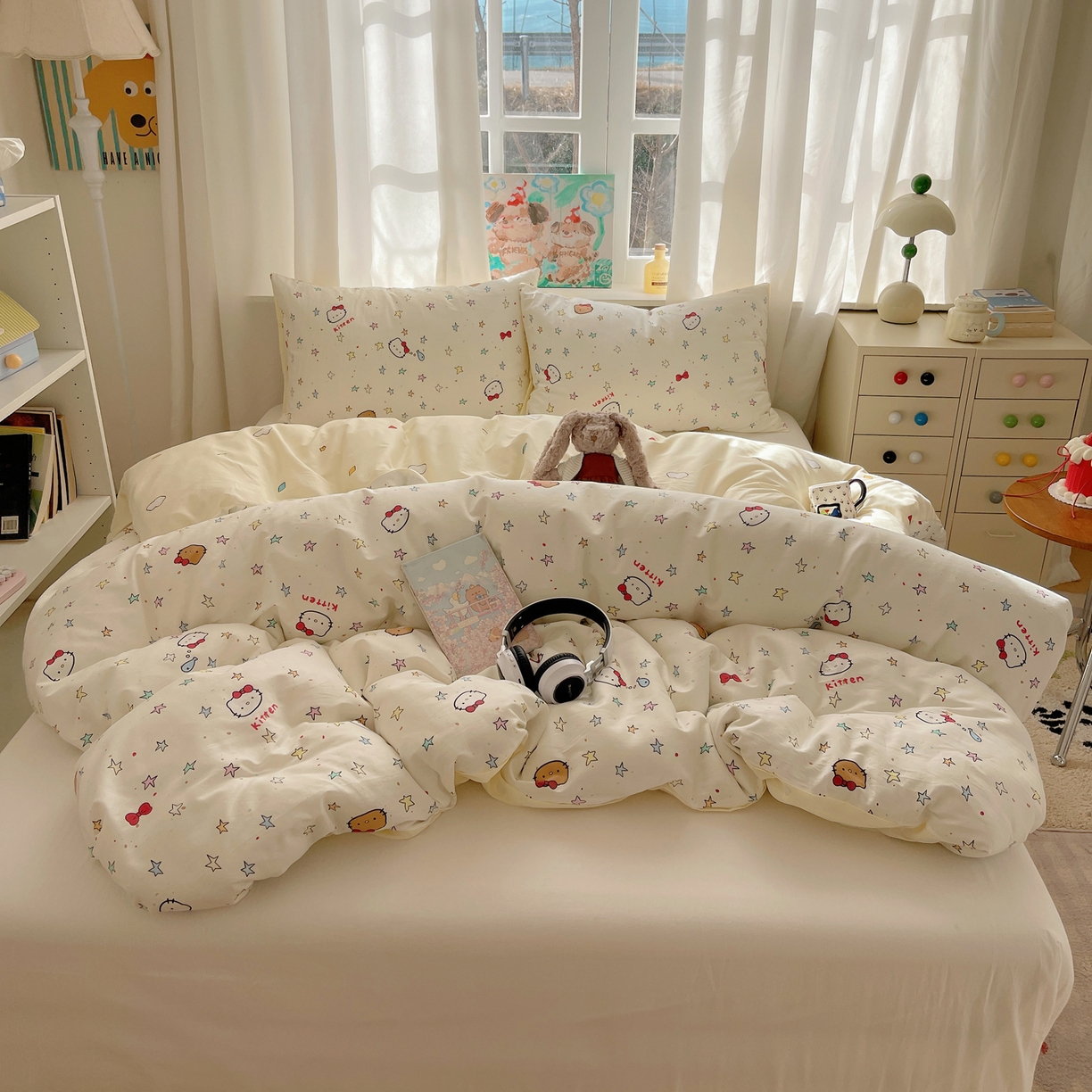 91家纺网 家纺一手货源 找家纺 六巷胡同 2026新款40支全棉13070INS卡通单品被套 星星萝莉猫