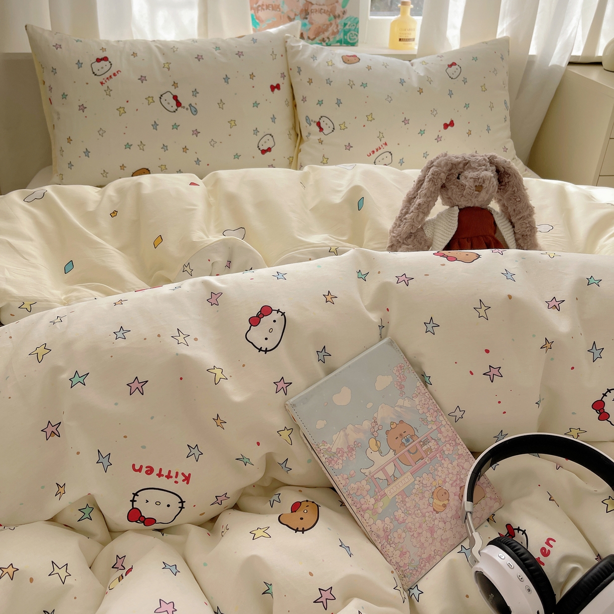 91家纺网 家纺一手货源 找家纺 六巷胡同 2026新款40支全棉13070INS卡通单品被套 星星萝莉猫