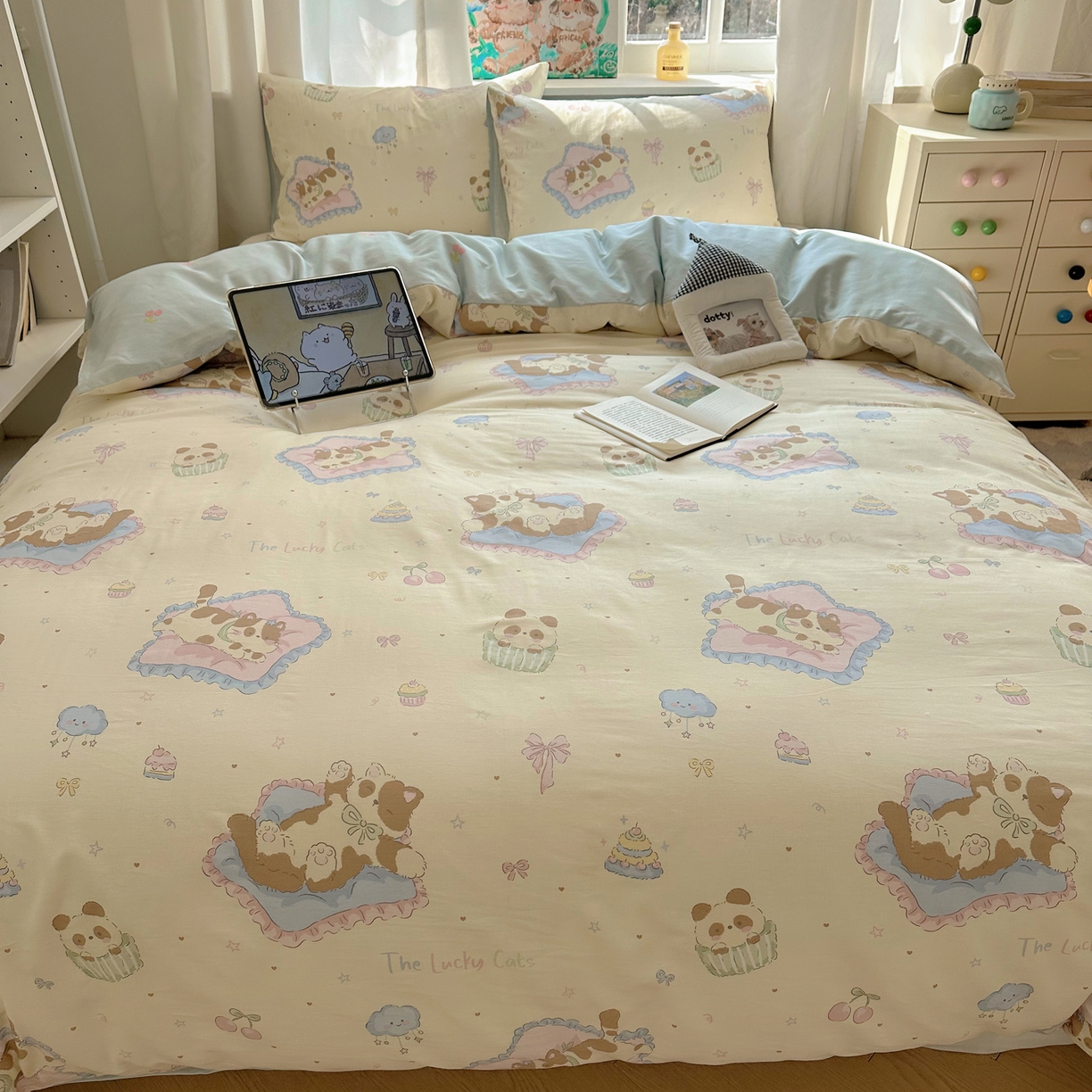 91家纺网 家纺一手货源 找家纺 六巷胡同 2026新款40支全棉13070INS卡通单品被套 慵懒猫咪崽