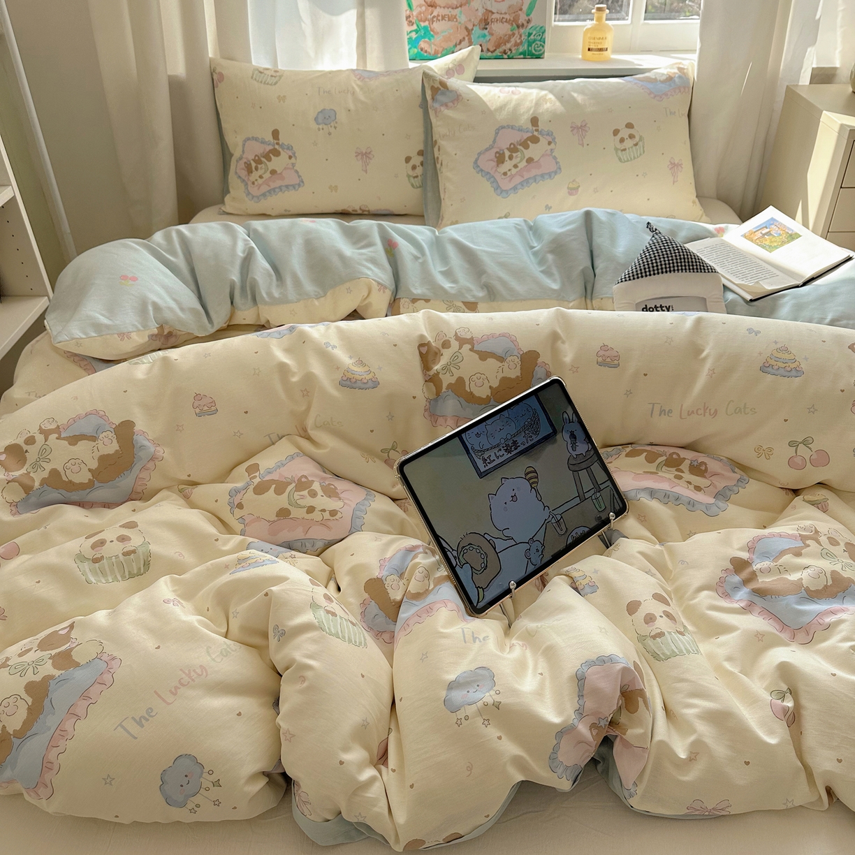 91家纺网 家纺一手货源 找家纺 六巷胡同 2026新款40支全棉13070INS卡通单品被套 慵懒猫咪崽