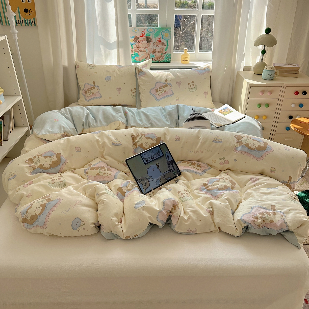 91家纺网 家纺一手货源 找家纺 六巷胡同 2026新款40支全棉13070INS卡通单品被套 慵懒猫咪崽