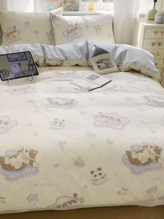 91家纺网 家纺一手货源 找家纺 六巷胡同 2026新款40支全棉13070INS卡通单品被套 慵懒猫咪崽