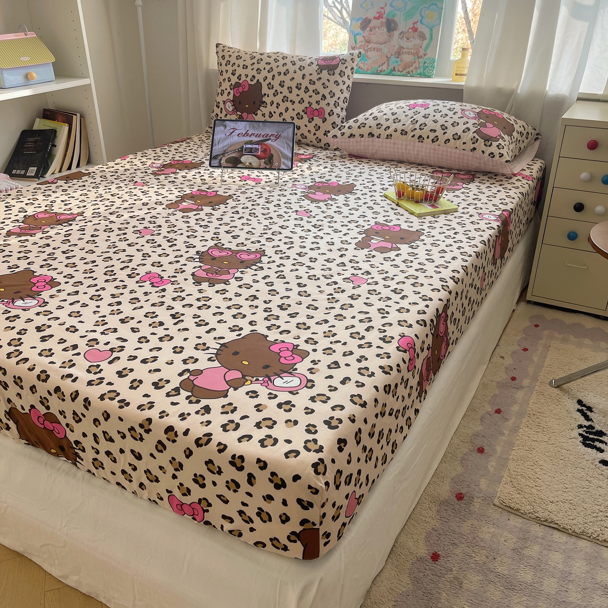 六巷胡同 2026新款40支全棉13070INS卡通单品床笠 豹纹黑皮猫