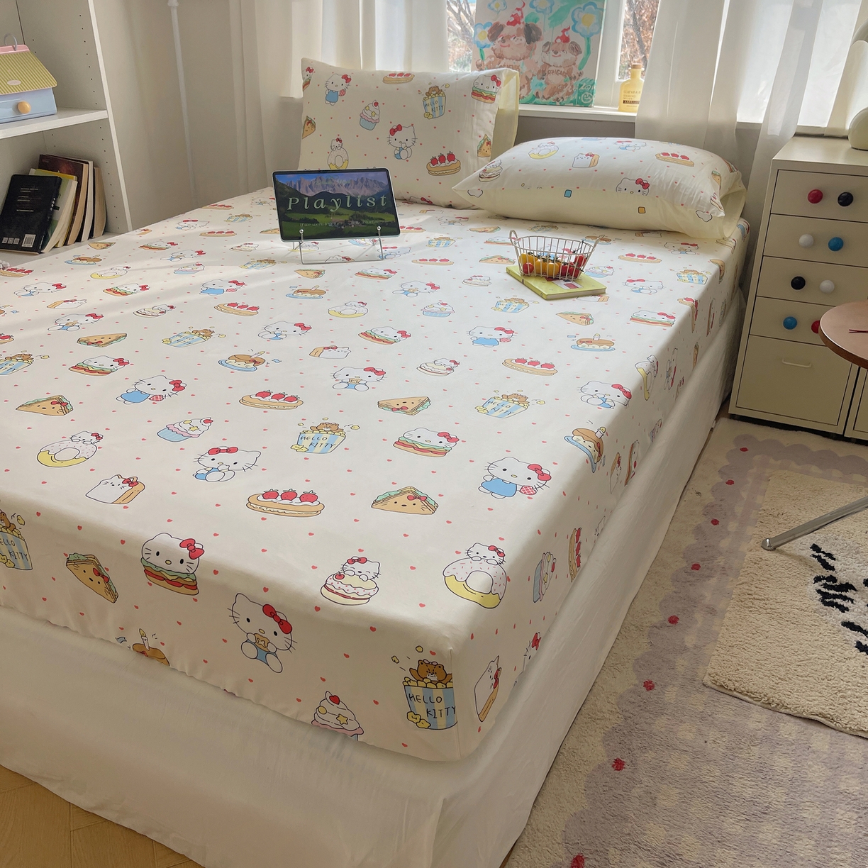 六巷胡同 2026新款40支全棉13070INS卡通单品床笠 爱心汉堡喵