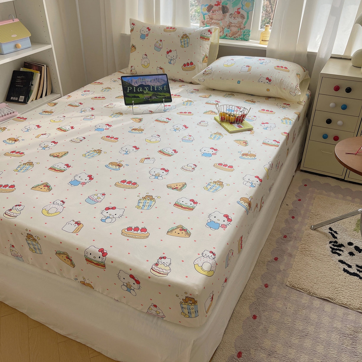 91家纺网 家纺一手货源 找家纺 六巷胡同 2026新款40支全棉13070INS卡通单品床笠 爱心汉堡喵