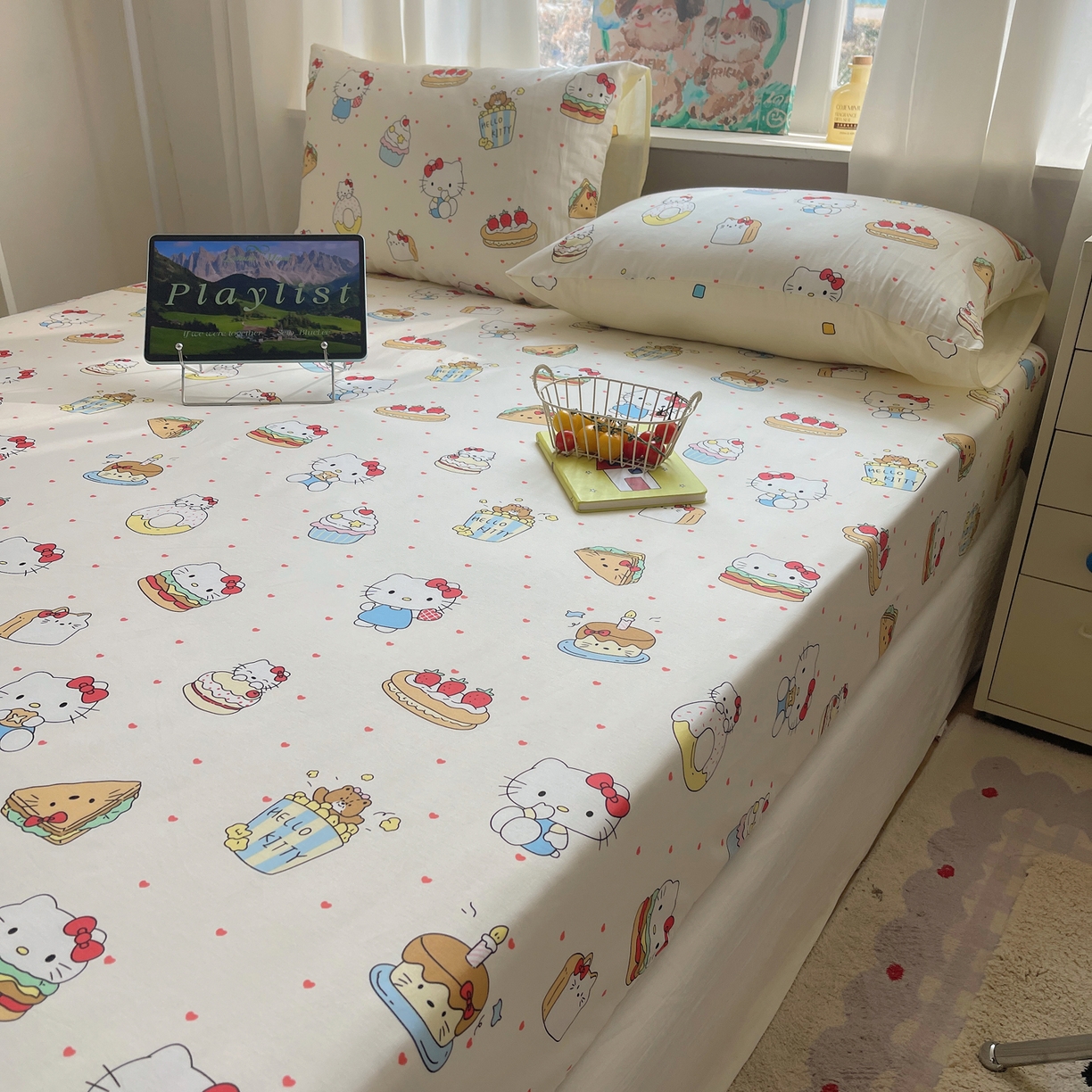 91家纺网 家纺一手货源 找家纺 六巷胡同 2026新款40支全棉13070INS卡通单品床笠 爱心汉堡喵