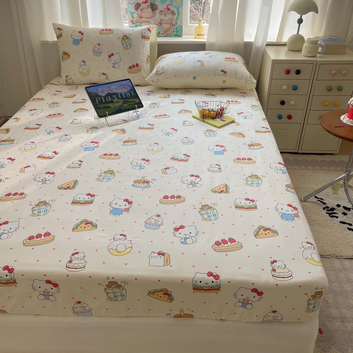 91家纺网 家纺一手货源 找家纺 六巷胡同 2026新款40支全棉13070INS卡通单品床笠 爱心汉堡喵