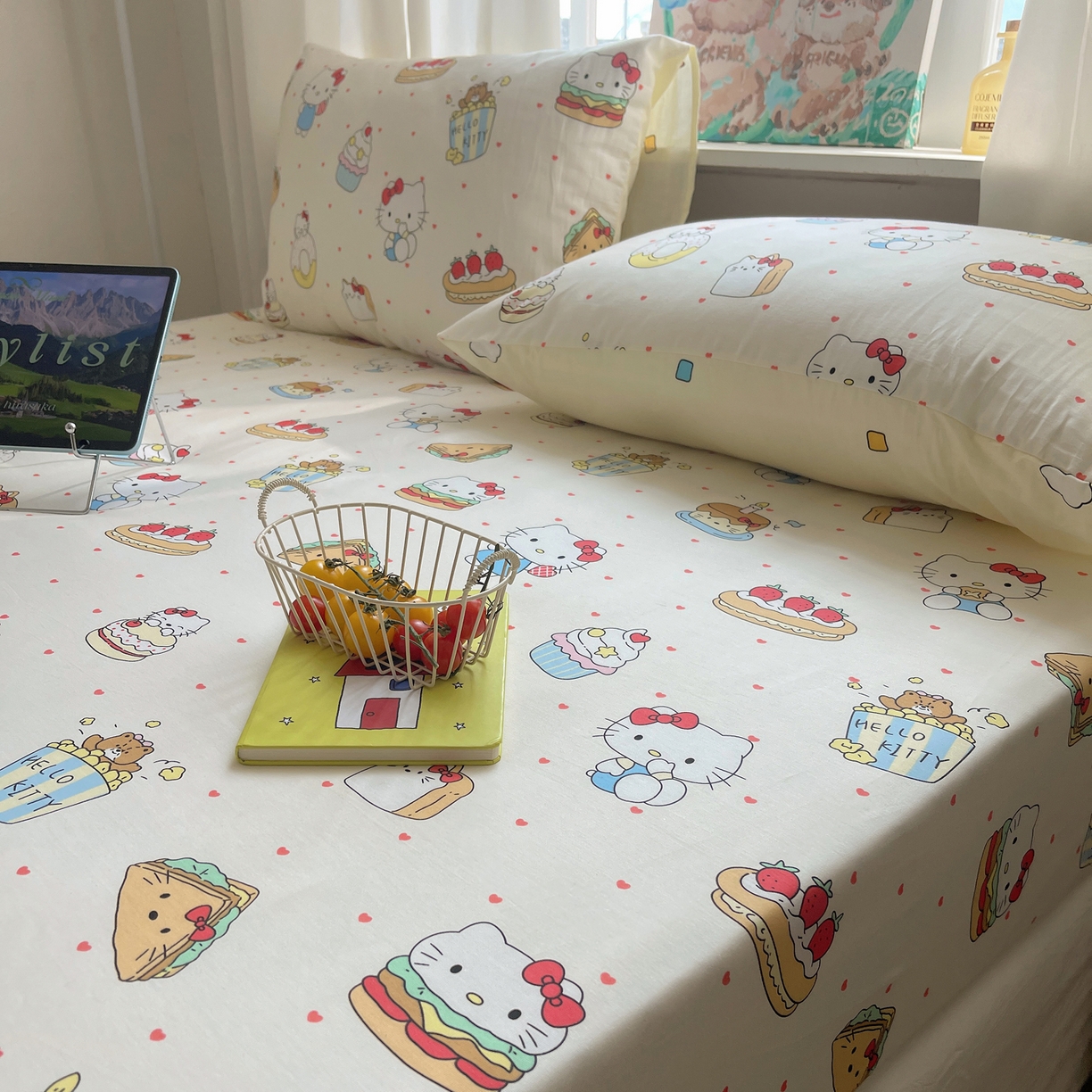 91家纺网 家纺一手货源 找家纺 六巷胡同 2026新款40支全棉13070INS卡通单品床笠 爱心汉堡喵