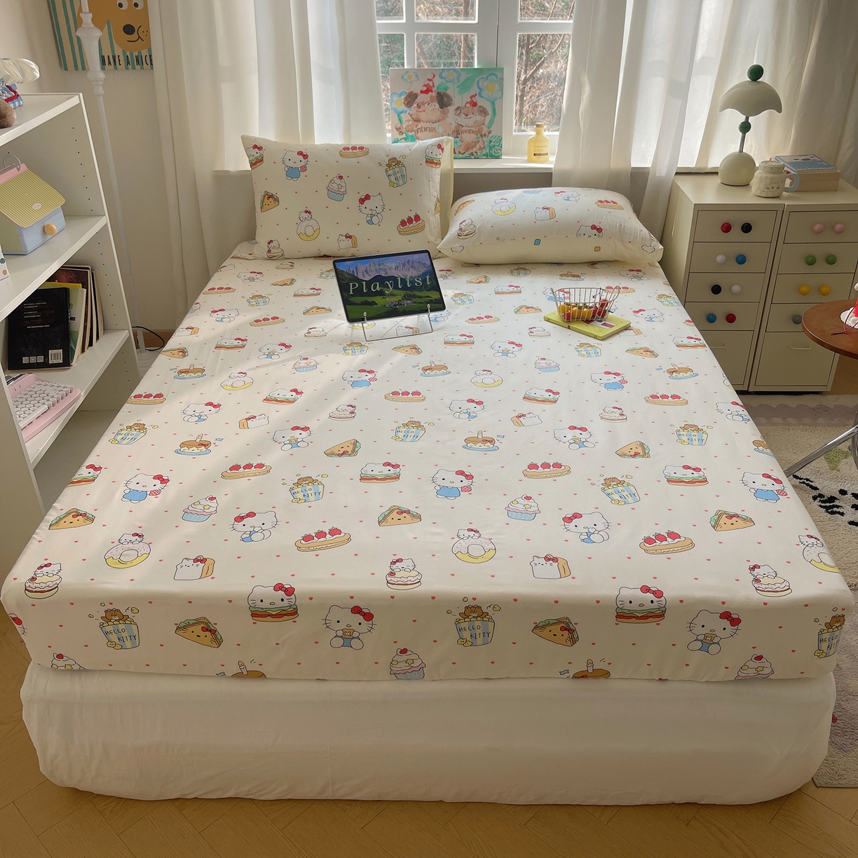 91家纺网 家纺一手货源 找家纺 六巷胡同 2026新款40支全棉13070INS卡通单品床笠 爱心汉堡喵