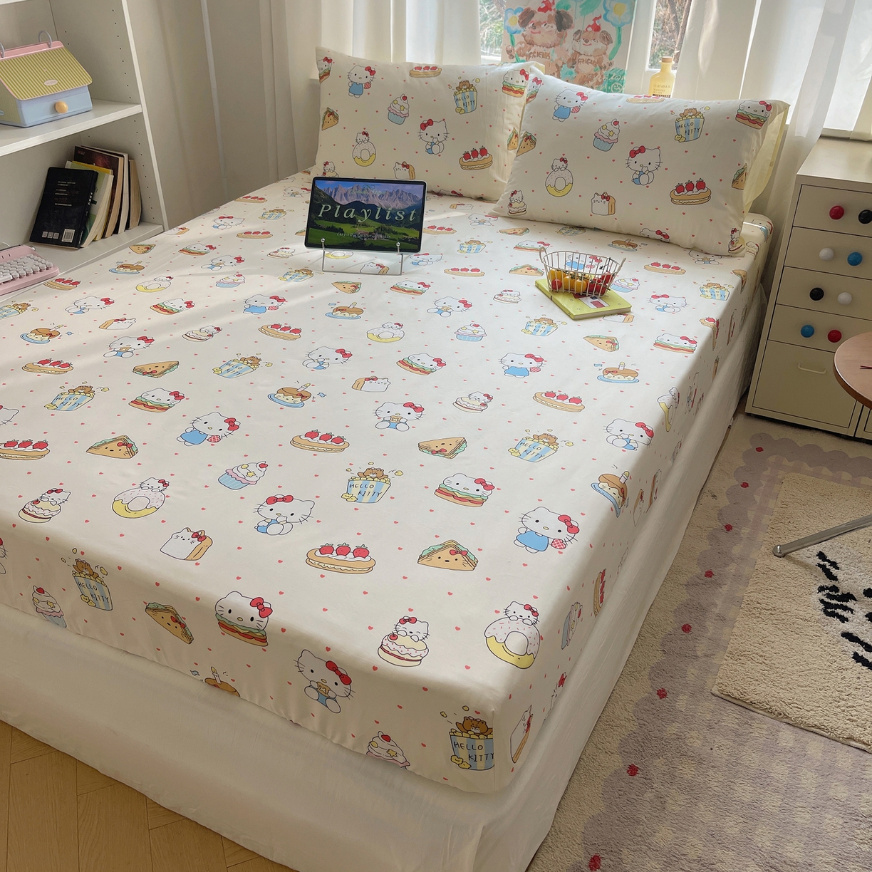 91家纺网 家纺一手货源 找家纺 六巷胡同 2026新款40支全棉13070INS卡通单品床笠 爱心汉堡喵