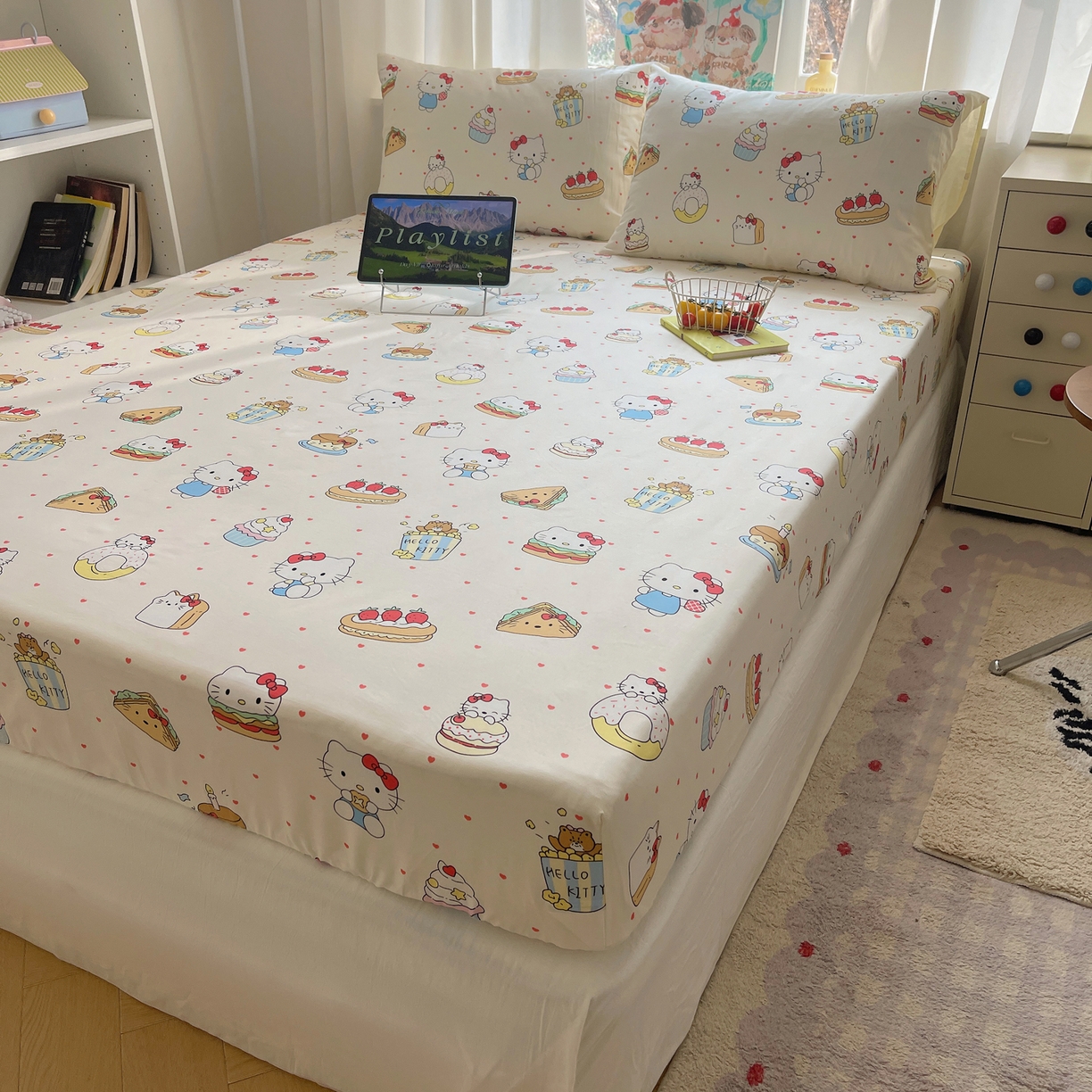 91家纺网 家纺一手货源 找家纺 六巷胡同 2026新款40支全棉13070INS卡通单品床笠 爱心汉堡喵