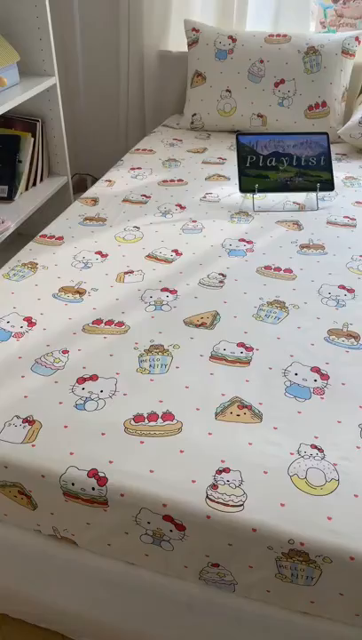 91家纺网 家纺一手货源 找家纺 六巷胡同 2026新款40支全棉13070INS卡通单品床笠 爱心汉堡喵