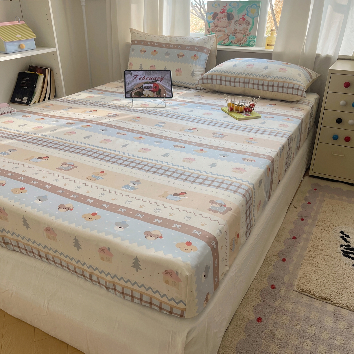 91家纺网 家纺一手货源 找家纺 六巷胡同 2026新款40支全棉13070INS卡通单品床笠 费尔岛狗狗