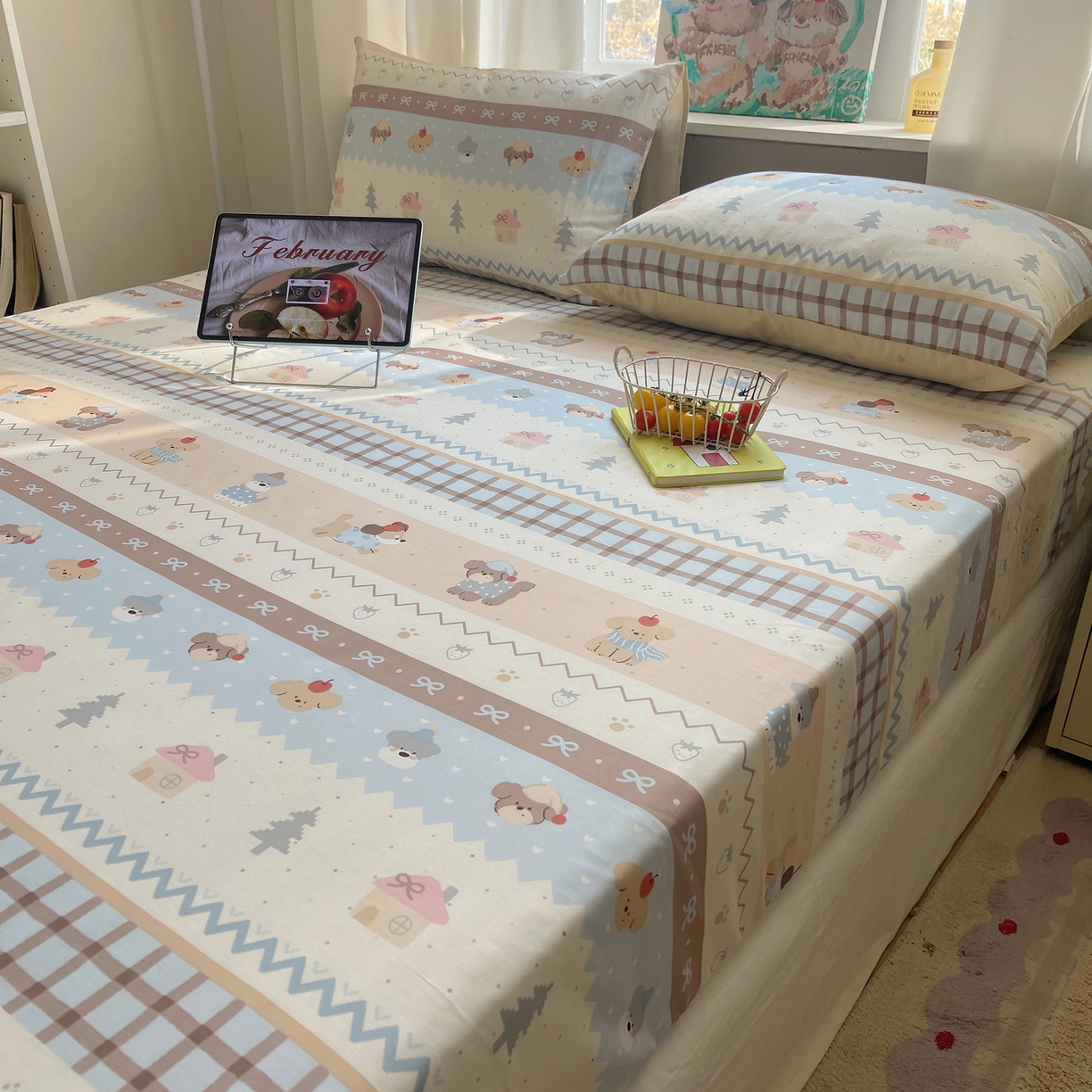 91家纺网 家纺一手货源 找家纺 六巷胡同 2026新款40支全棉13070INS卡通单品床笠 费尔岛狗狗