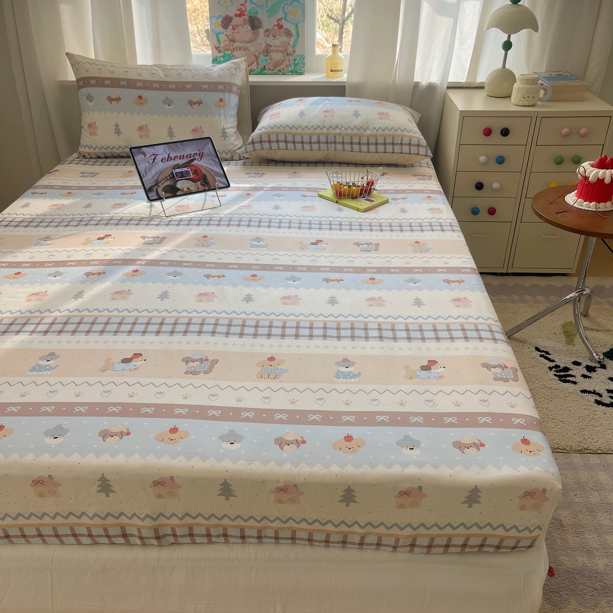 91家纺网 家纺一手货源 找家纺 六巷胡同 2026新款40支全棉13070INS卡通单品床笠 费尔岛狗狗