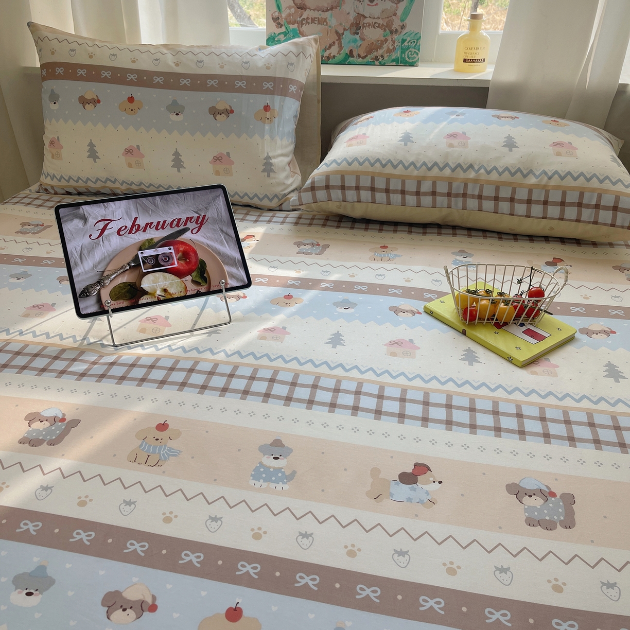 91家纺网 家纺一手货源 找家纺 六巷胡同 2026新款40支全棉13070INS卡通单品床笠 费尔岛狗狗