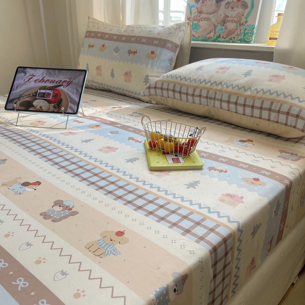 91家纺网 家纺一手货源 找家纺 六巷胡同 2026新款40支全棉13070INS卡通单品床笠 费尔岛狗狗