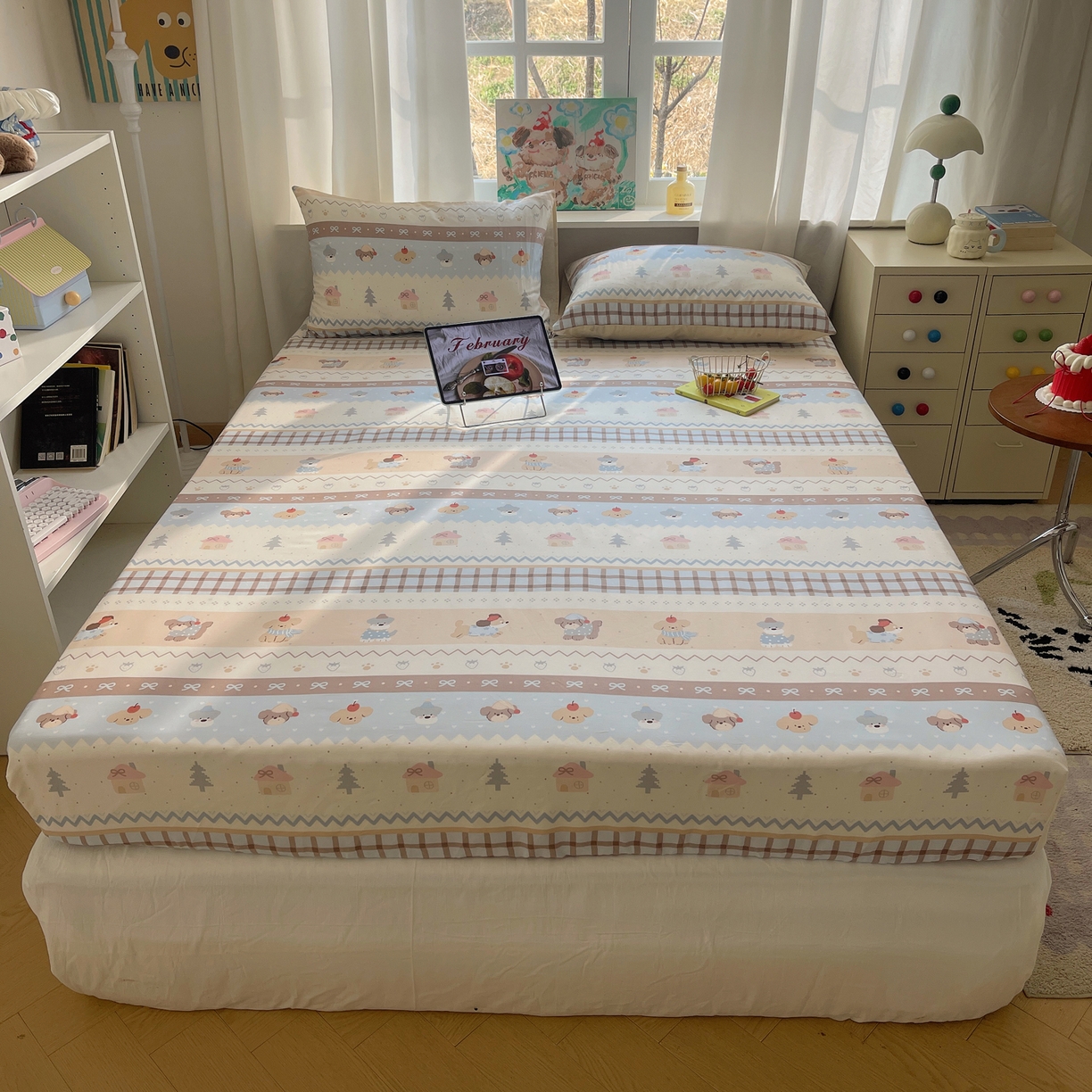 91家纺网 家纺一手货源 找家纺 六巷胡同 2026新款40支全棉13070INS卡通单品床笠 费尔岛狗狗