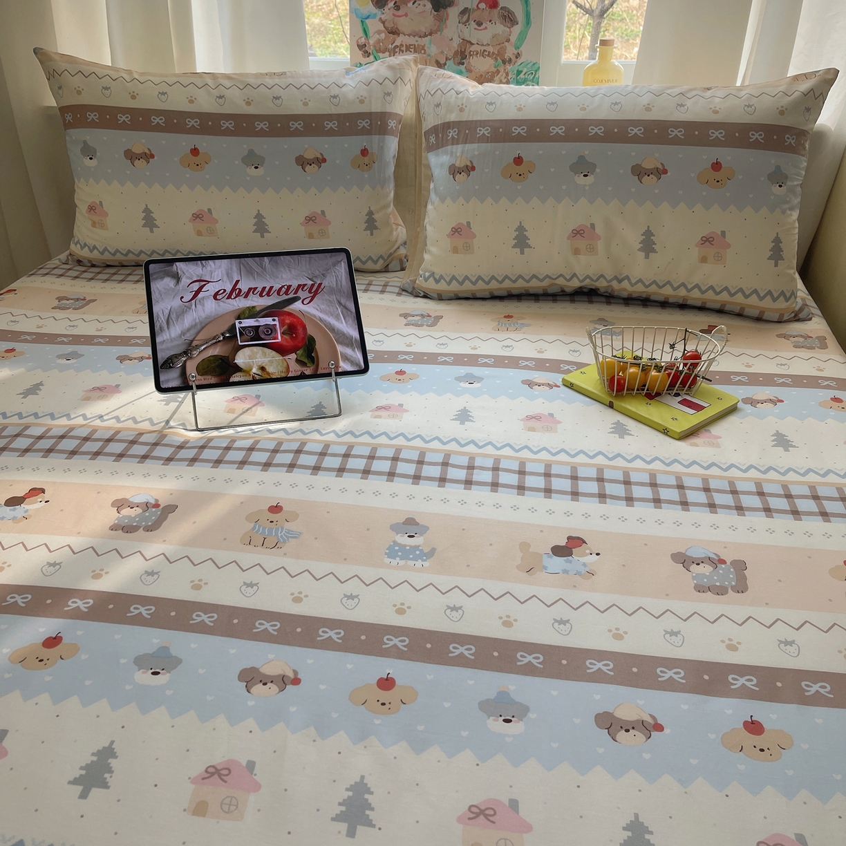 91家纺网 家纺一手货源 找家纺 六巷胡同 2026新款40支全棉13070INS卡通单品床笠 费尔岛狗狗