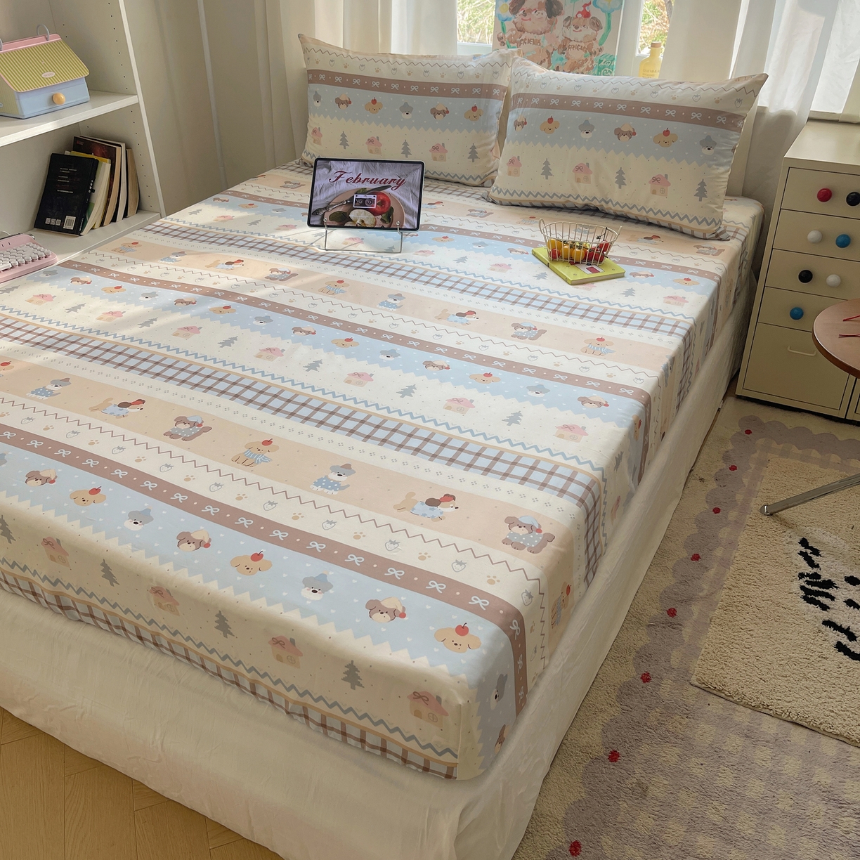 91家纺网 家纺一手货源 找家纺 六巷胡同 2026新款40支全棉13070INS卡通单品床笠 费尔岛狗狗