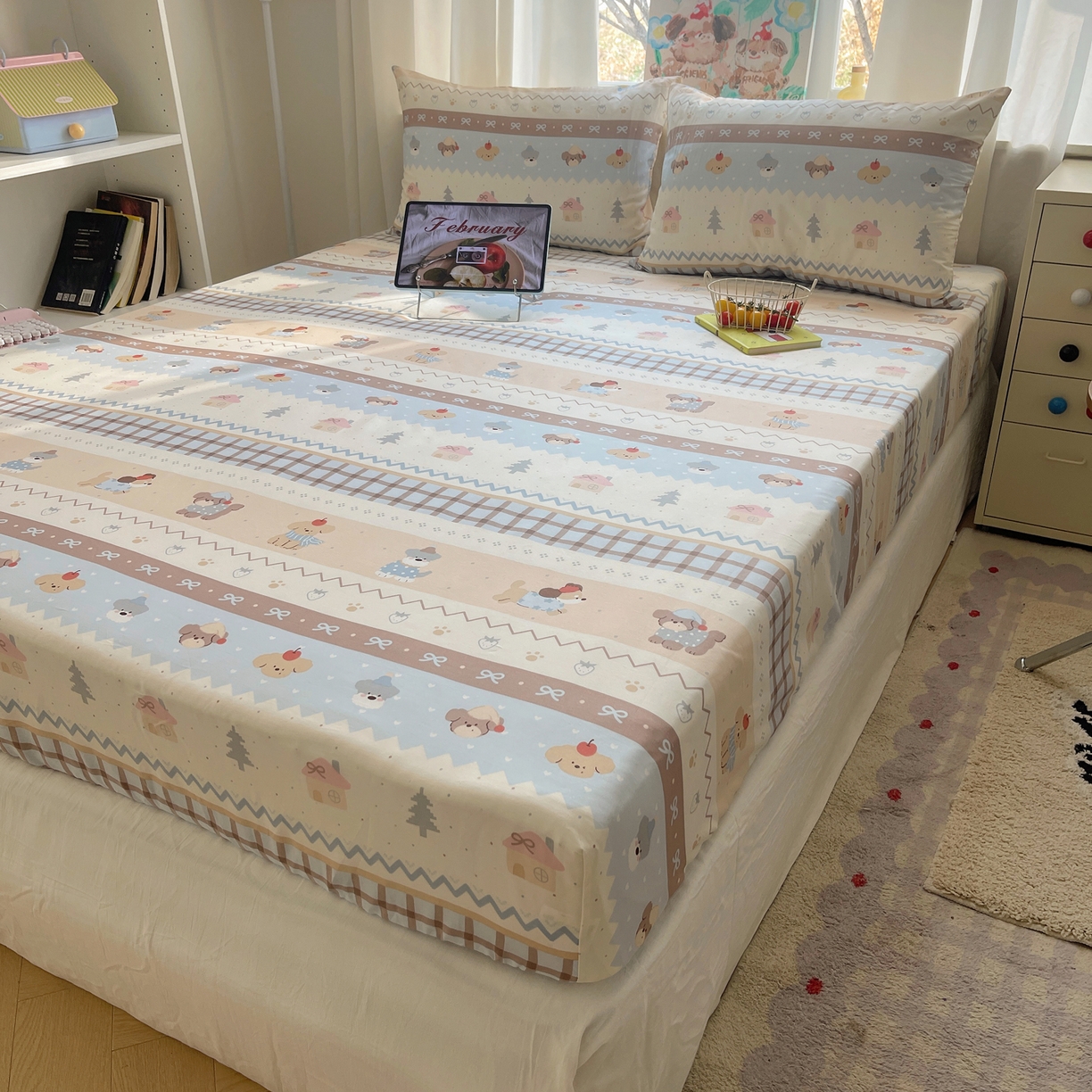 91家纺网 家纺一手货源 找家纺 六巷胡同 2026新款40支全棉13070INS卡通单品床笠 费尔岛狗狗