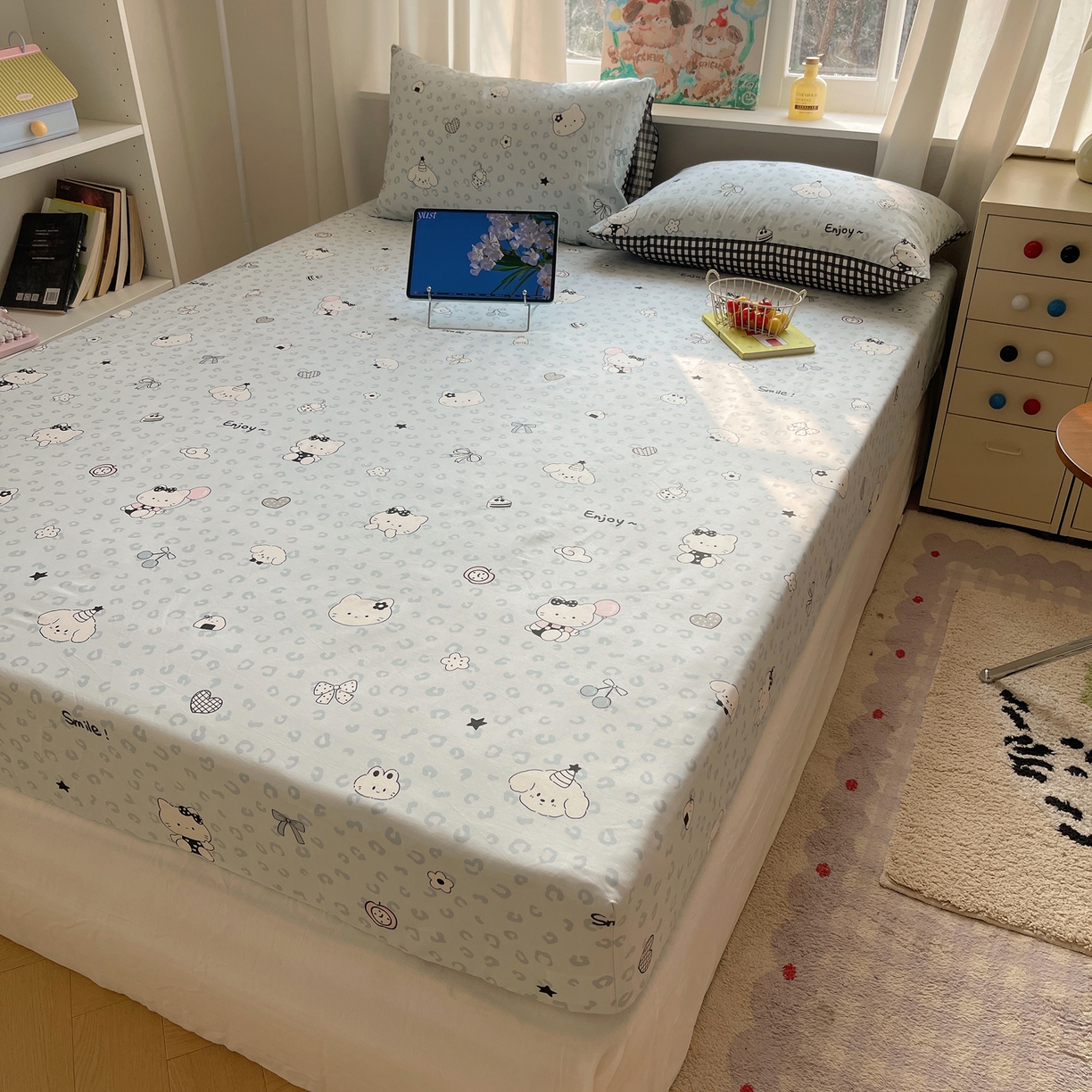 91家纺网 家纺一手货源 找家纺 六巷胡同 2026新款40支全棉13070INS卡通单品床笠 海盐豹纹猫