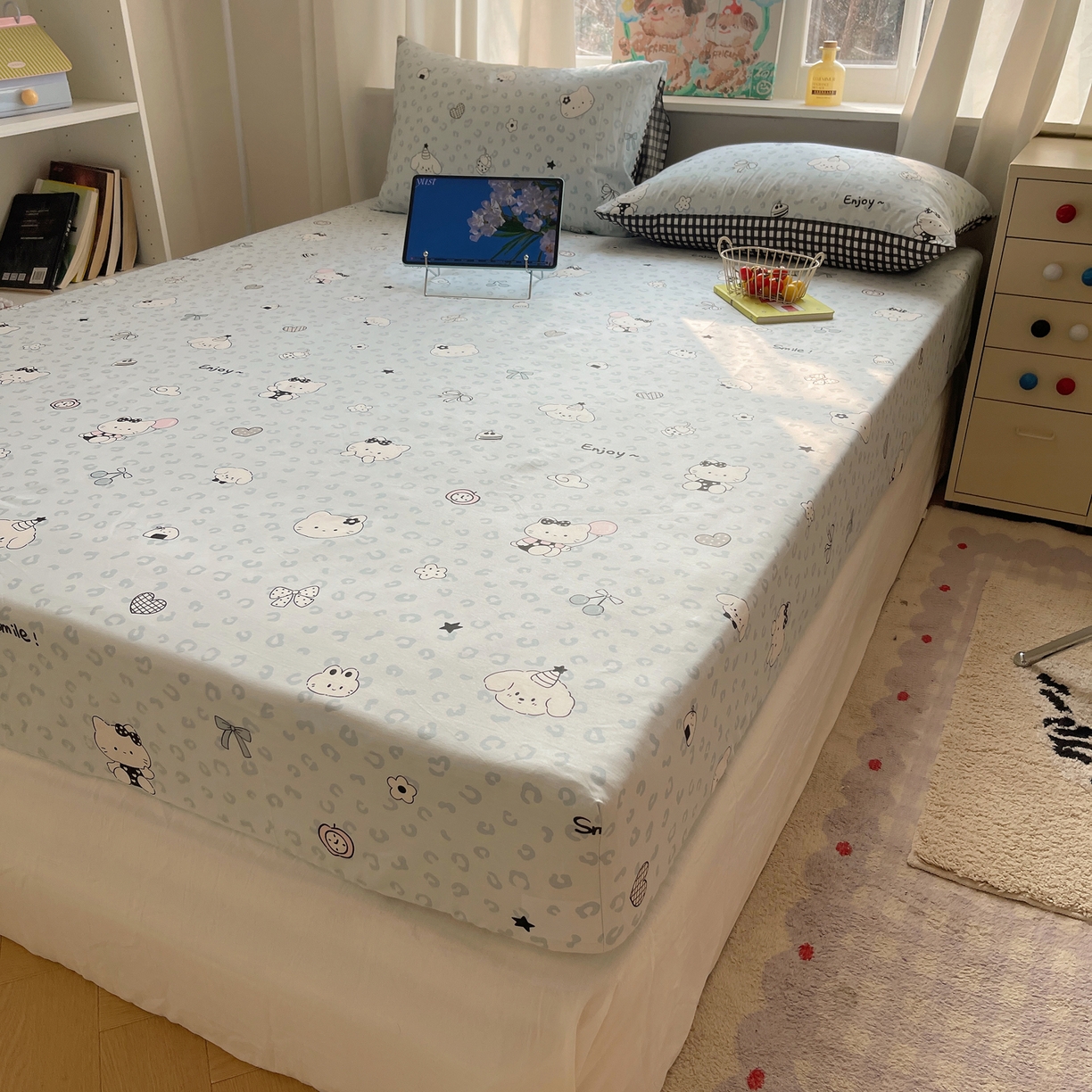 91家纺网 家纺一手货源 找家纺 六巷胡同 2026新款40支全棉13070INS卡通单品床笠 海盐豹纹猫