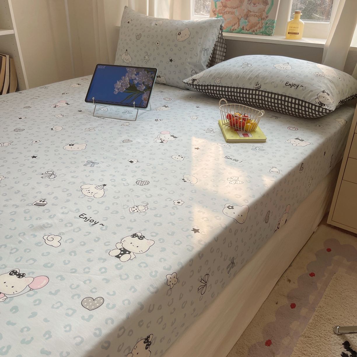 91家纺网 家纺一手货源 找家纺 六巷胡同 2026新款40支全棉13070INS卡通单品床笠 海盐豹纹猫