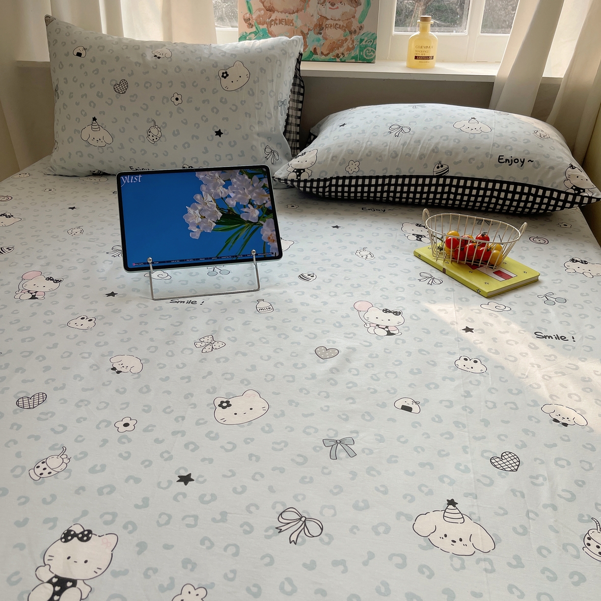 91家纺网 家纺一手货源 找家纺 六巷胡同 2026新款40支全棉13070INS卡通单品床笠 海盐豹纹猫