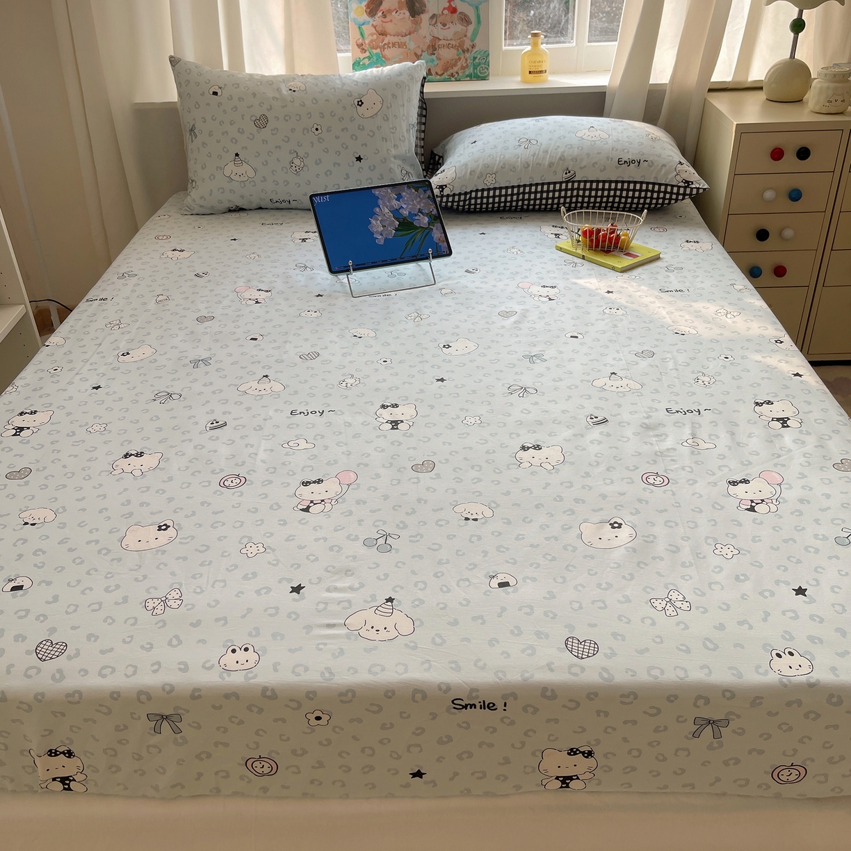 91家纺网 家纺一手货源 找家纺 六巷胡同 2026新款40支全棉13070INS卡通单品床笠 海盐豹纹猫