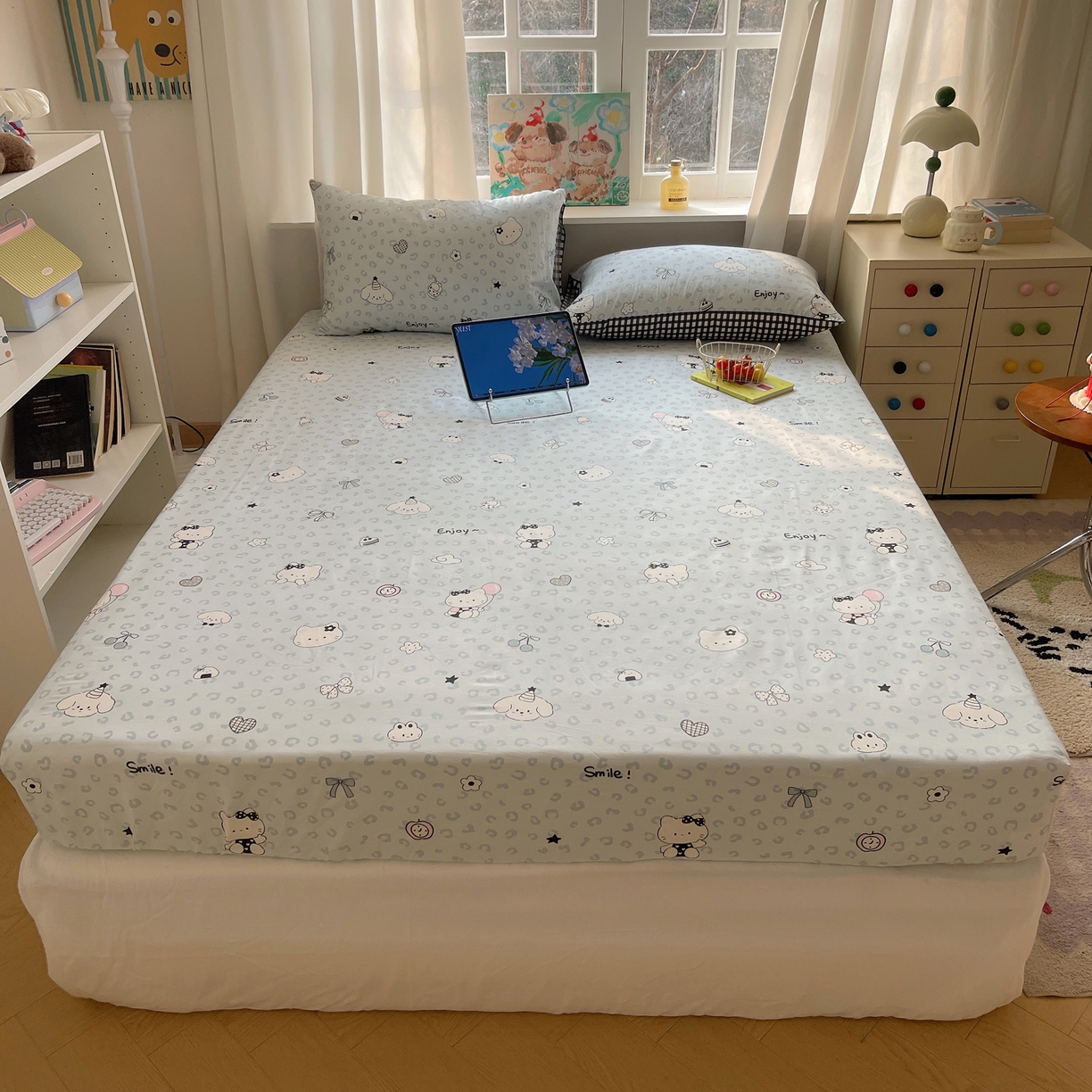 91家纺网 家纺一手货源 找家纺 六巷胡同 2026新款40支全棉13070INS卡通单品床笠 海盐豹纹猫