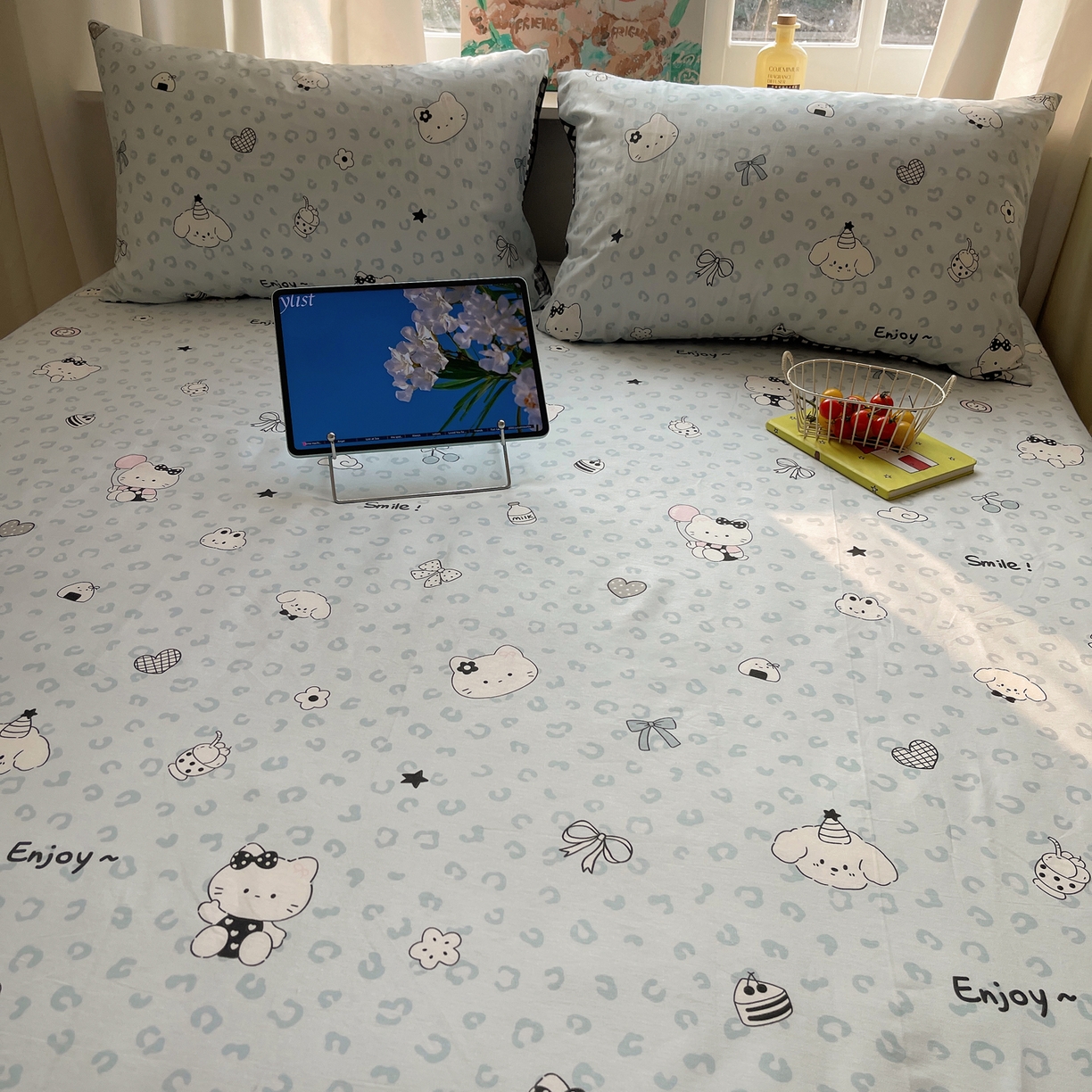 91家纺网 家纺一手货源 找家纺 六巷胡同 2026新款40支全棉13070INS卡通单品床笠 海盐豹纹猫