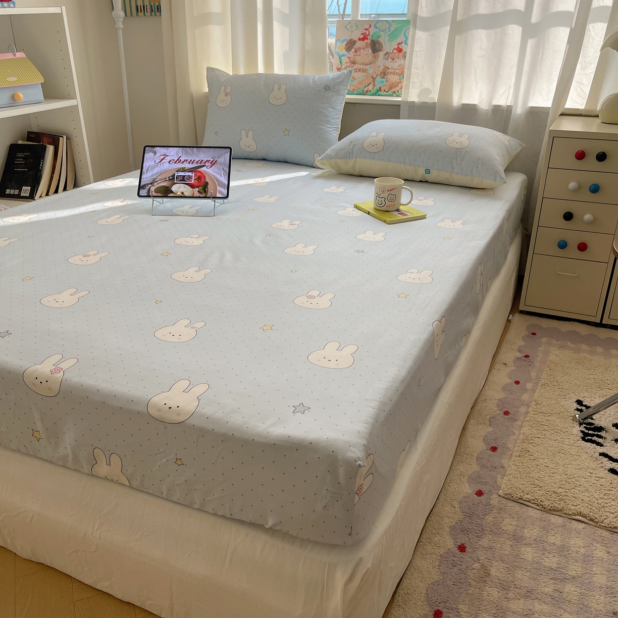 六巷胡同 2026新款40支全棉13070INS卡通单品床笠 蓝调波点兔