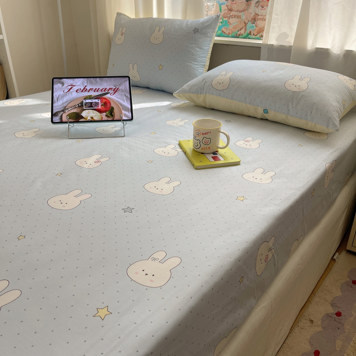 91家纺网 家纺一手货源 找家纺 六巷胡同 2026新款40支全棉13070INS卡通单品床笠 蓝调波点兔