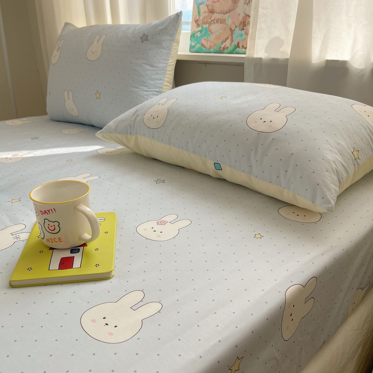 91家纺网 家纺一手货源 找家纺 六巷胡同 2026新款40支全棉13070INS卡通单品床笠 蓝调波点兔