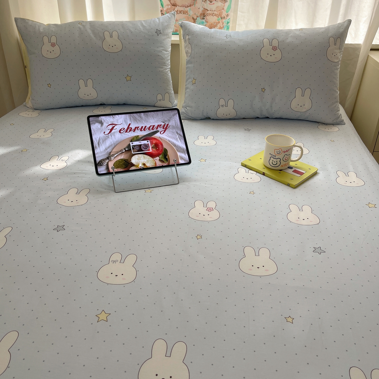 91家纺网 家纺一手货源 找家纺 六巷胡同 2026新款40支全棉13070INS卡通单品床笠 蓝调波点兔