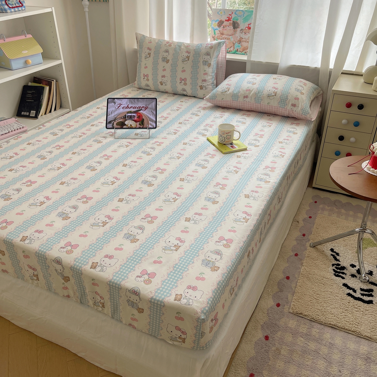 91家纺网 家纺一手货源 找家纺 六巷胡同 2026新款40支全棉13070INS卡通单品床笠 萝莉樱桃猫