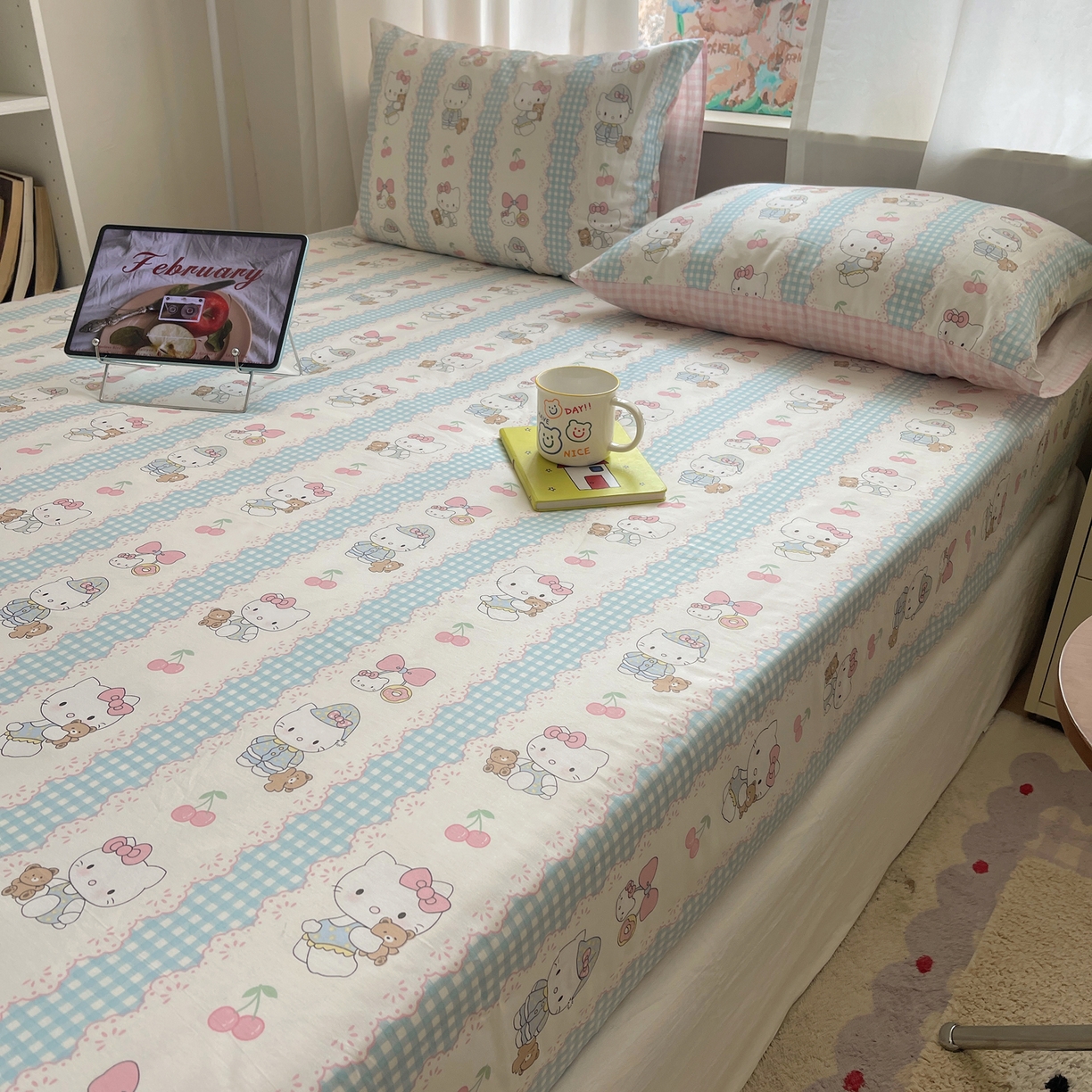 91家纺网 家纺一手货源 找家纺 六巷胡同 2026新款40支全棉13070INS卡通单品床笠 萝莉樱桃猫