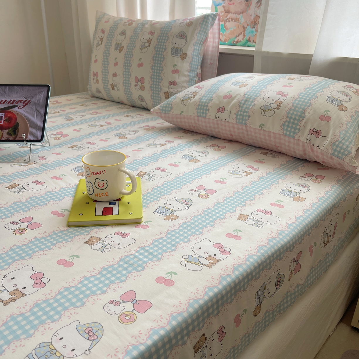 91家纺网 家纺一手货源 找家纺 六巷胡同 2026新款40支全棉13070INS卡通单品床笠 萝莉樱桃猫