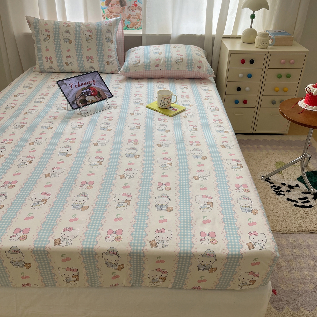 91家纺网 家纺一手货源 找家纺 六巷胡同 2026新款40支全棉13070INS卡通单品床笠 萝莉樱桃猫